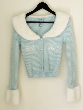 Forever 21 Light Blue Fuzzy Knit Jacket with White Faux-Fur Collar